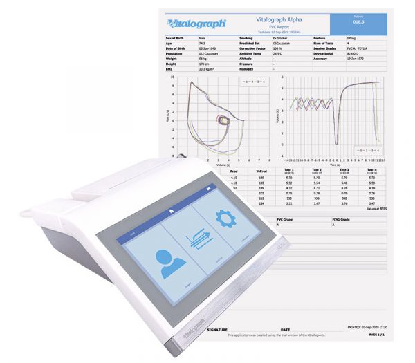 Vitalograph ALPHA Connect Spirometer – Ansicht mit PC-Ausdruck