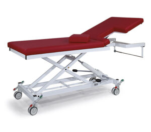 K. H. Dewert Echo-Kardiographieliege, 2-teilig, hydraulische Höhenverstellung (Modell 2550XLH/2551XLH) – Ansicht mit offenem Echo-Ausschnitt