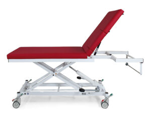 K. H. Dewert Echo-Kardiographieliege, 2-teilig, hydraulische Höhenverstellung (Modell 2550XLH/2551XLH) – Seitenansicht mit geschlossenem Echo-Ausschnitt