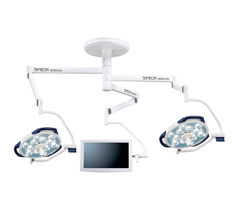 SIMEON Sim.LED 450 / 450 OP-Doppel-Leuchte + Sim.SCREEN Monitorhalterung – SingleColor (SC) mit Standard Tragarmsystem (Abb. zeigt Ausführung mit Handgriffen, Lieferung ohne Monitor) SIMEON Sim.LED 450 / 450 OP-Doppel-Leuchte + Sim.SCREEN Monitorhalterung – SingleColor (SC) mit Standard Tragarmsystem (Abb. zeigt Ausführung mit Handgriffen, Lieferung ohne Monitor)