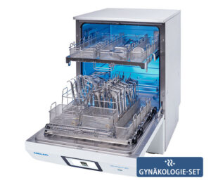 Melag MELAtherm 20 RDG activeDRY mit Gynäkologie-Set – geöffnete Ansicht mit Beladungsmuster (Anwendungsbeispiel)