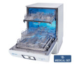 Melag MELAtherm 20 RDG activeDRY mit Medical-Set – geöffnete Ansicht mit Beladungsmuster (Anwendungsbeispiel)