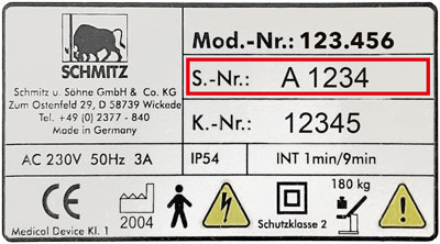 Typenschild eines Schmitz Gyn-Stuhls